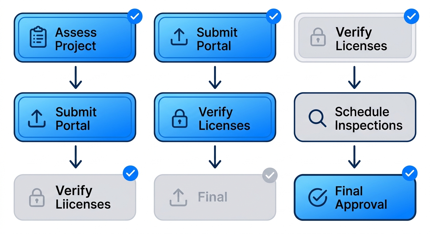 Vertical process flow diagram illustrating five steps for Denver bathroom permits: assess project, submit via portal, verify licenses, schedule inspections, final approval.