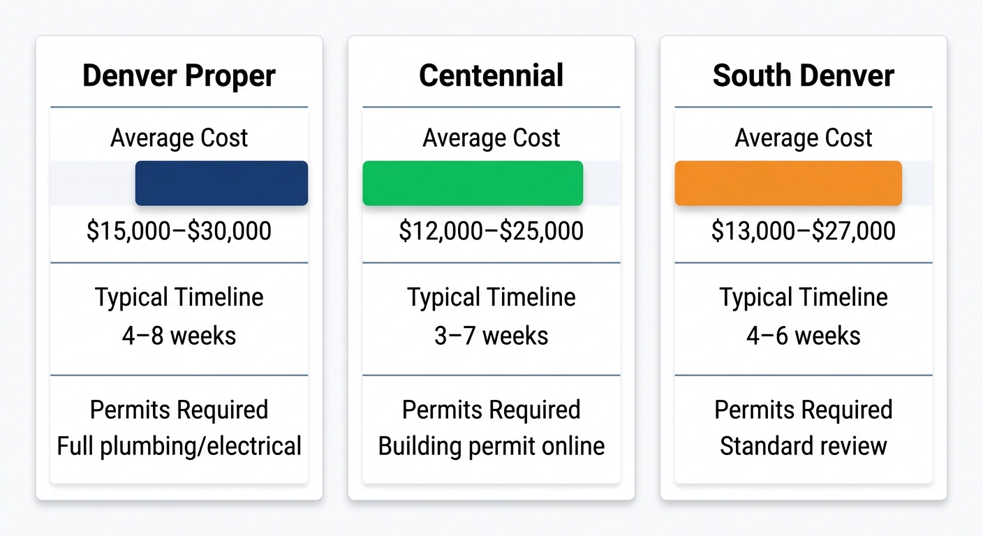 Infographic comparing bathroom remodeling costs, timelines, and permits across Denver Proper, Centennial, and South Denver areas