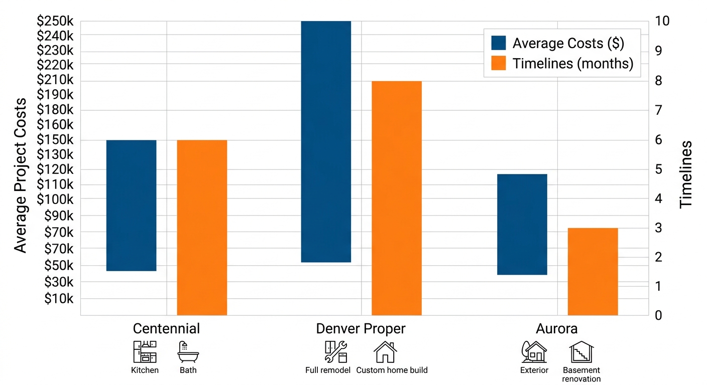 Grouped bar chart comparing home construction costs and timelines in Centennial, Denver Proper, and Aurora