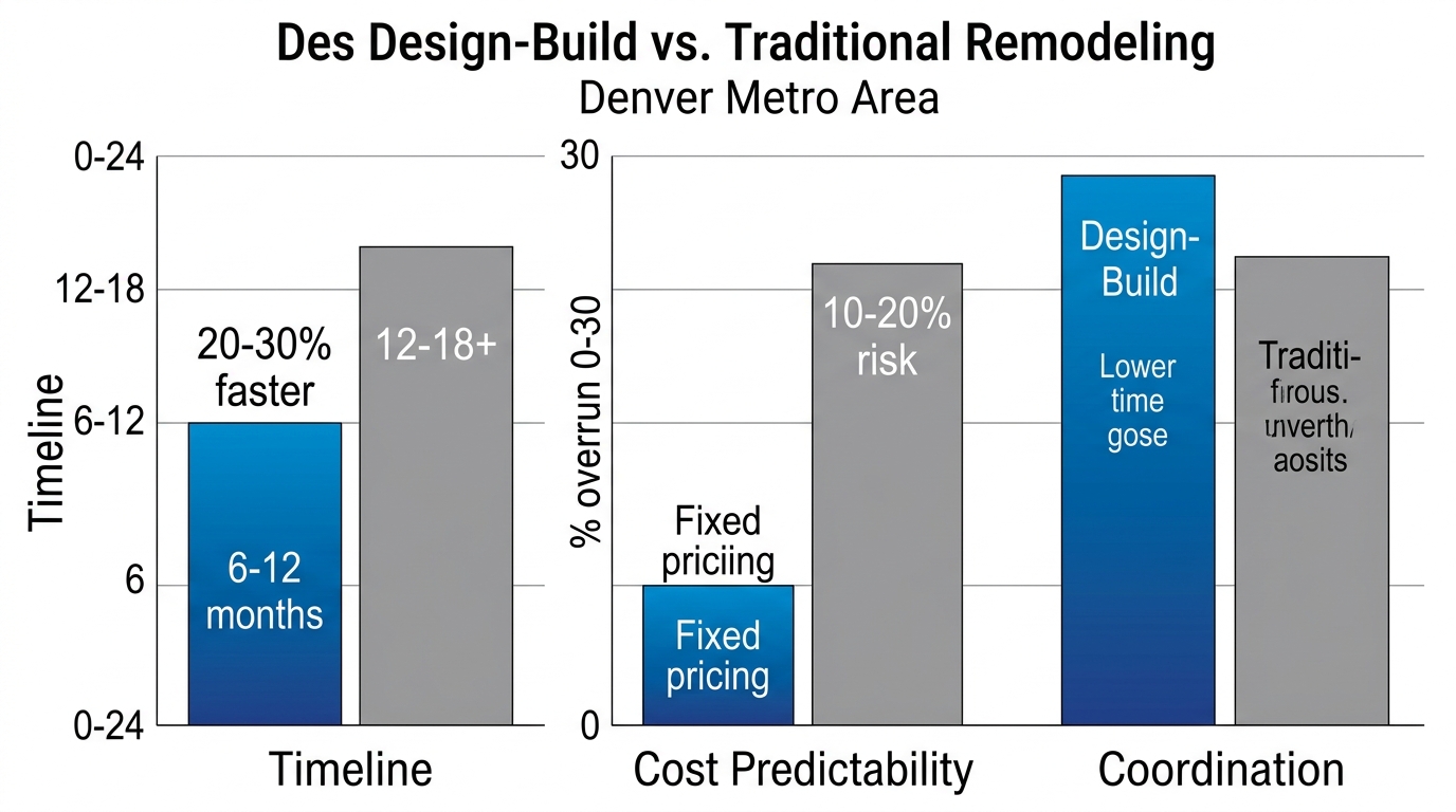 Horizontal grouped bar chart comparing Design-Build and Traditional remodeling timelines, costs, and coordination in Denver Metro Area
