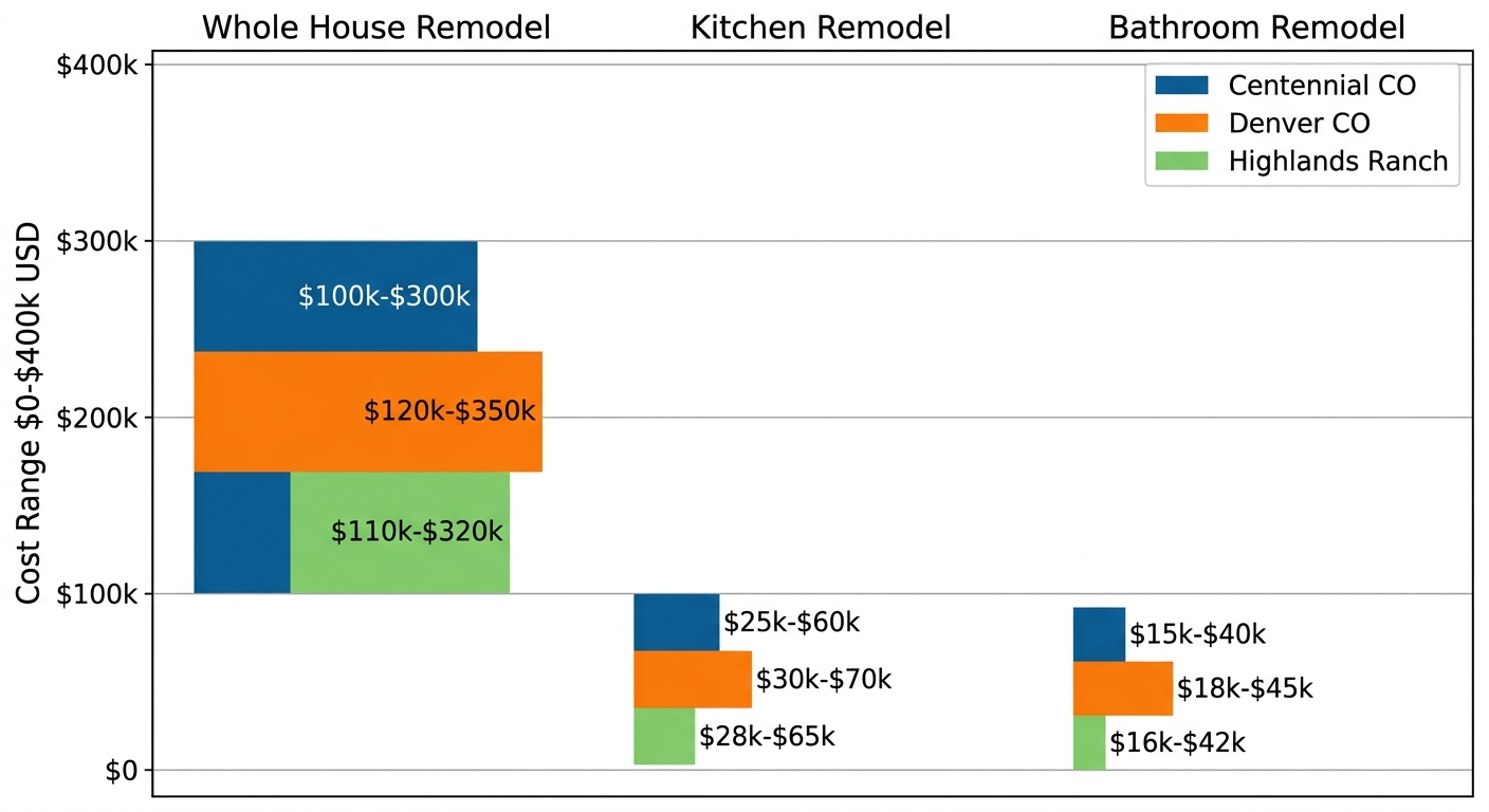 Horizontal grouped bar chart comparing cost ranges for whole house, kitchen, and bathroom remodels in Centennial CO, Denver CO, and Highlands Ranch.