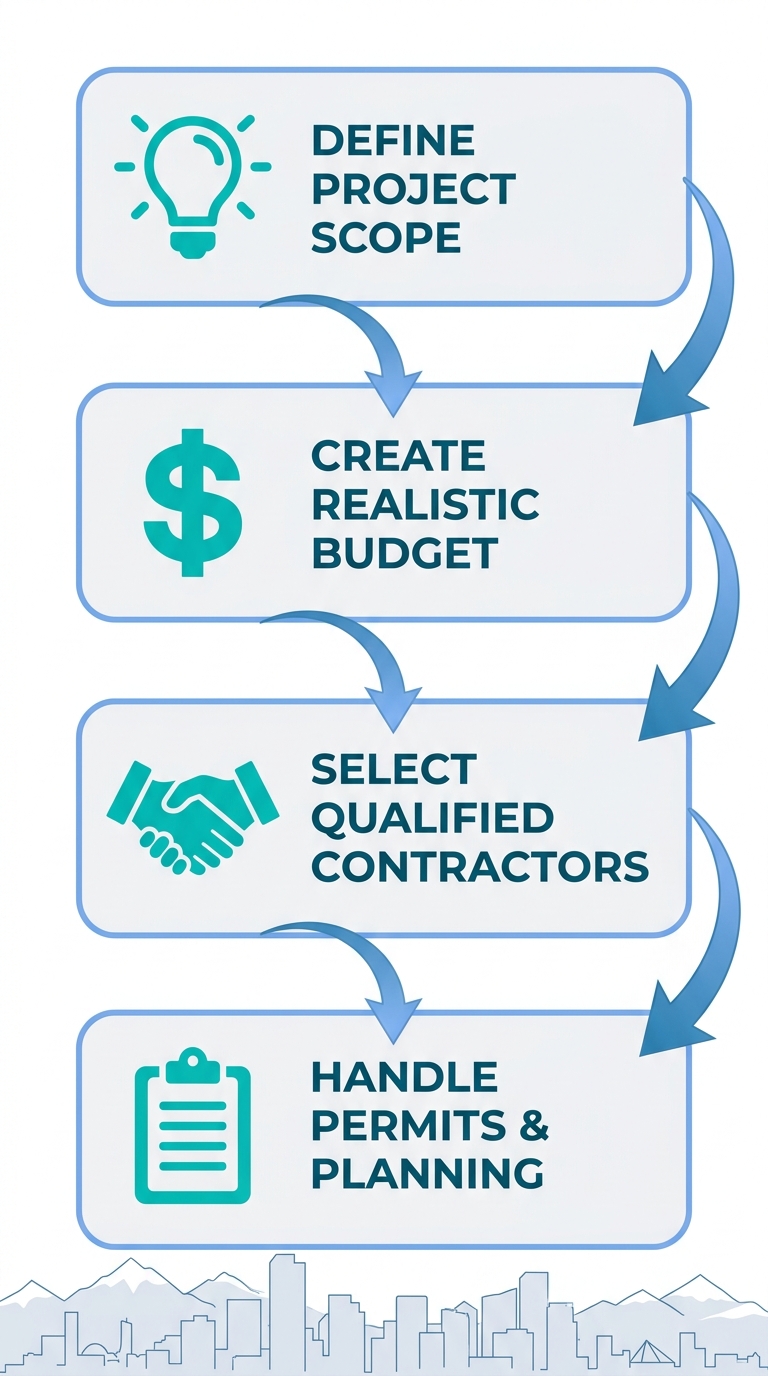 Vertical process flow diagram with 4 steps to start a Denver home remodeling project: define scope, budget, select contractors, permits.