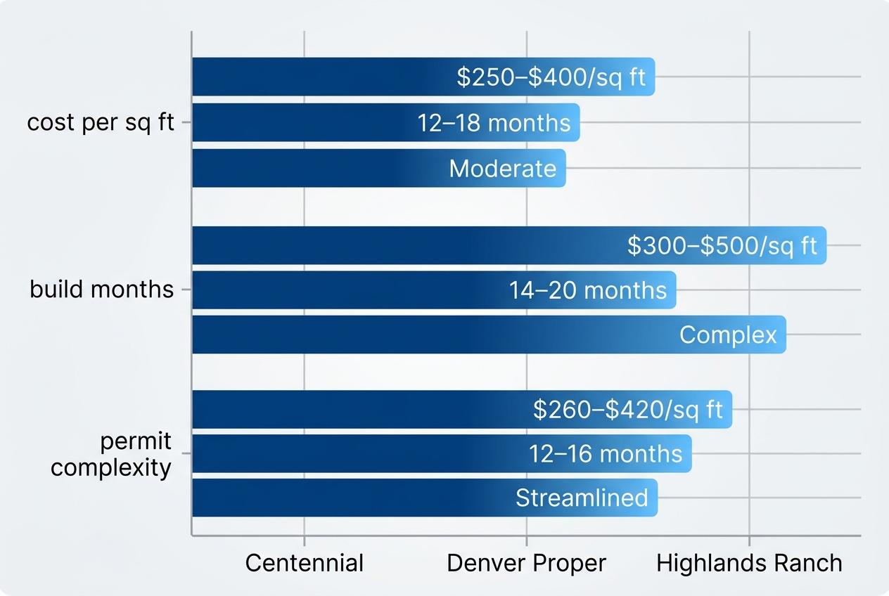 Horizontal bar chart comparing custom home building costs per square foot, timelines in months, and permit complexity across Centennial, Denver Proper, and Highlands Ranch in Denver Metro area