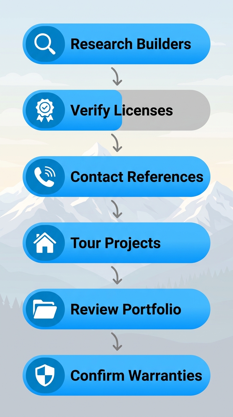 Vertical process flow diagram illustrating 6 key steps for selecting a custom home builder in Denver Metro area
