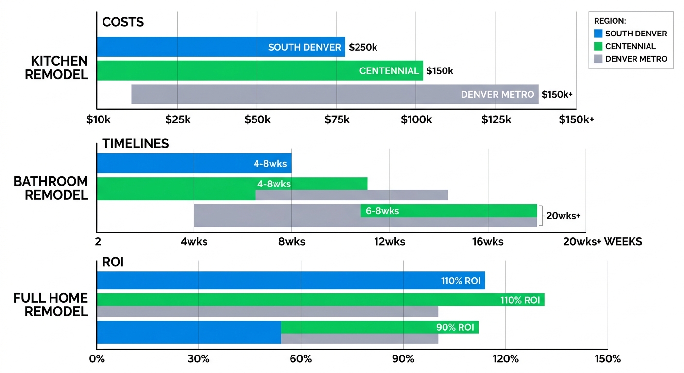 Bar chart infographic comparing home remodeling costs, timelines, and ROI for kitchen, bathroom, and full remodels across South Denver, Centennial, and Denver Metro areas