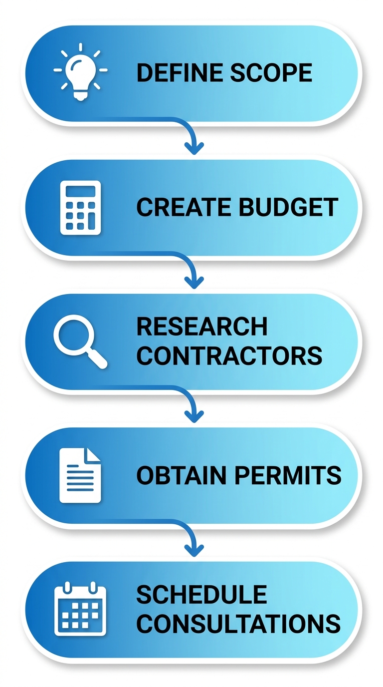 Vertical process flow diagram illustrating 5 steps to begin a South Denver home remodel: define scope, create budget, research contractors, obtain permits, schedule consultations with icons and arrows