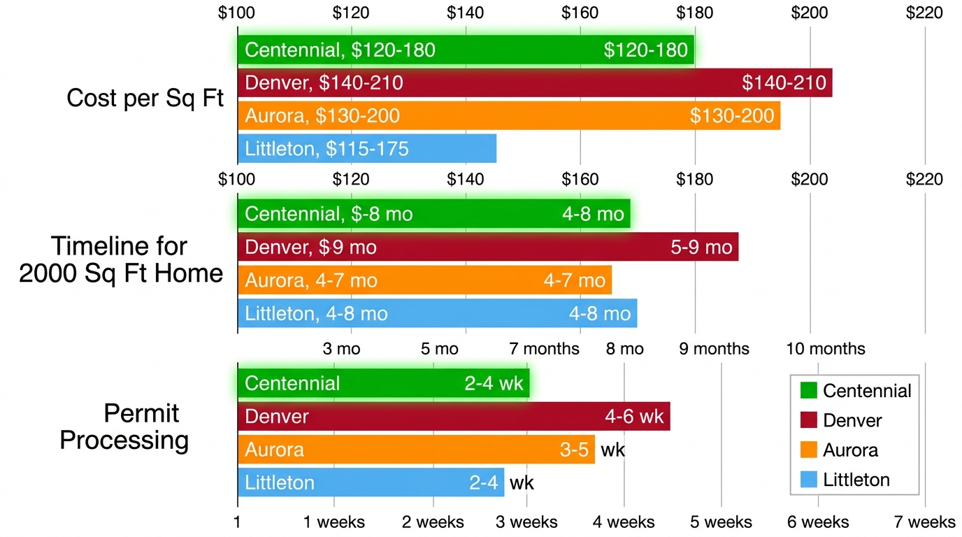 Horizontal grouped bar chart comparing remodeling costs per sq ft, timelines for 2000 sq ft home, and permit processing across Centennial, Denver, Aurora, Littleton