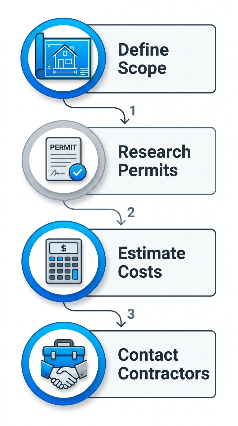 Vertical process flow diagram for starting a home remodel: define project scope with blueprint icon, research permits with document icon, estimate costs with calculator icon, contact contractors with toolbox handshake icon.
