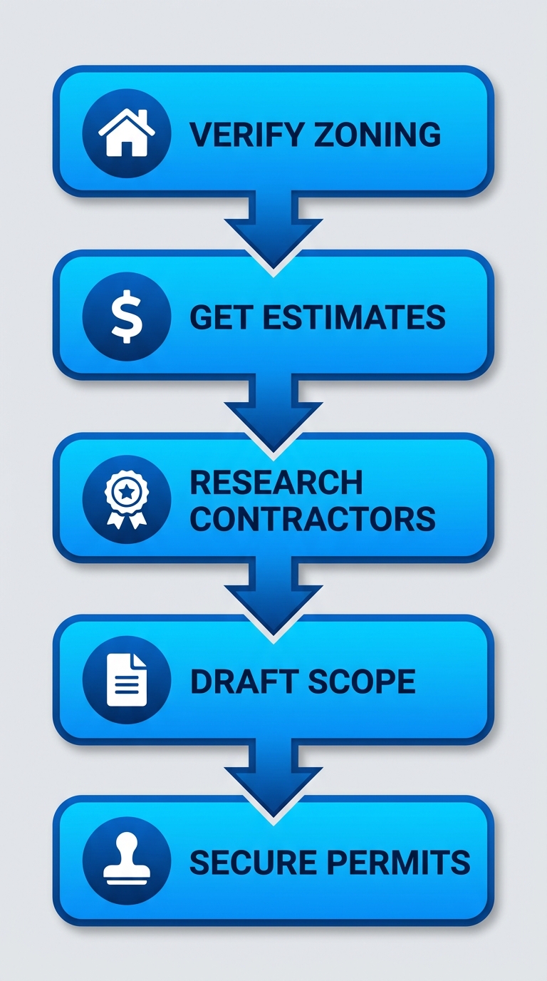 Vertical process flow diagram illustrating 5 stages to start a Denver en suite bathroom project: verify zoning, obtain estimates, research contractors, draft scope, secure permits.