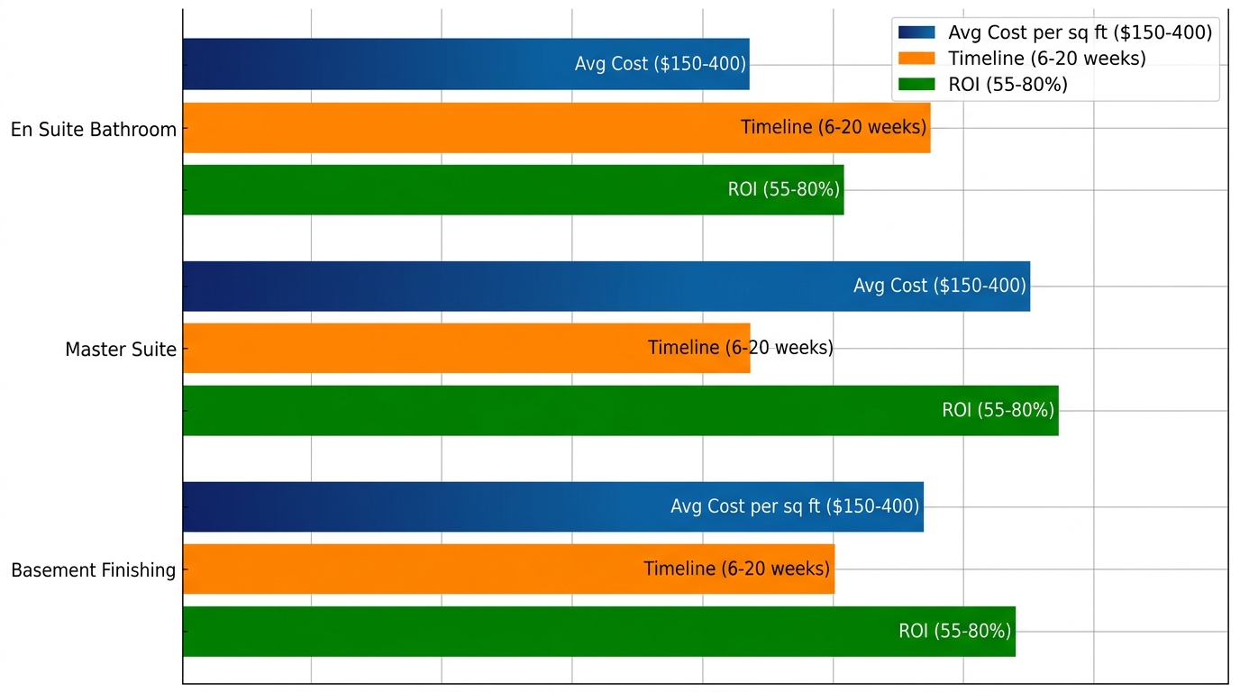 Horizontal grouped bar chart comparing costs per sq ft, timelines, and ROI for en suite bathrooms, master suites, and basement finishing in Denver Metro Area