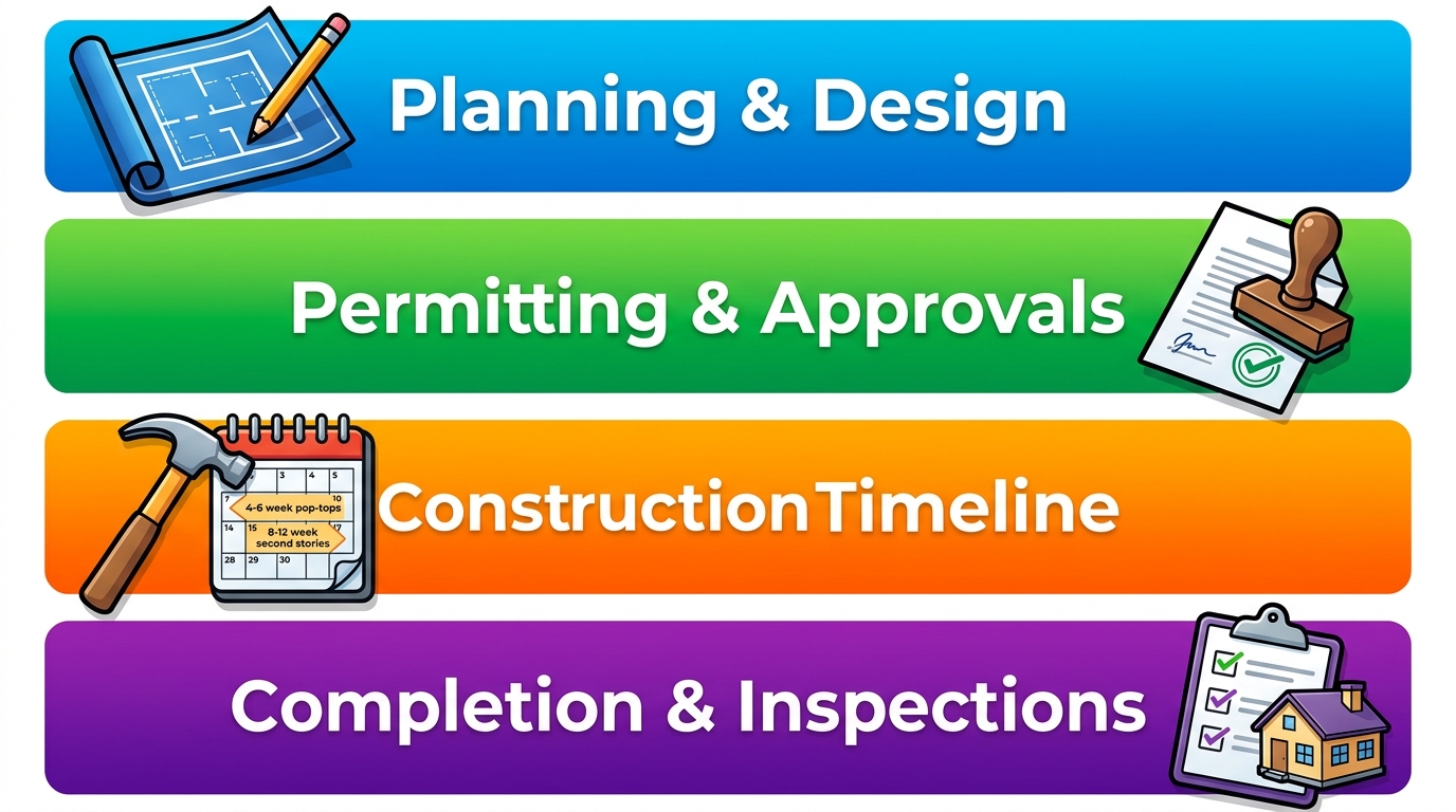 Vertical process flow diagram of four key phases in a home addition project: planning and design, permitting and approvals, construction timeline, completion and inspections.