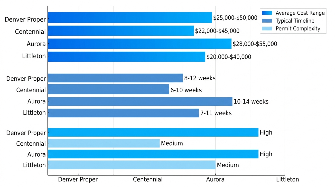 Horizontal grouped bar chart comparing average cost ranges, typical timelines, and permit complexities for bathroom additions in Denver Proper, Centennial, Aurora, and Littleton areas.