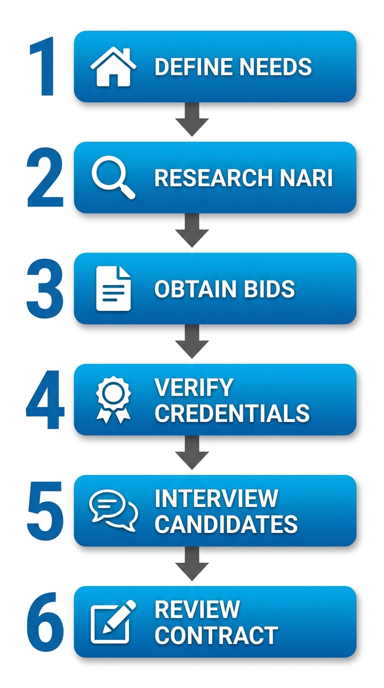 Vertical process flow diagram with six steps for hiring a bathroom addition contractor in Denver
