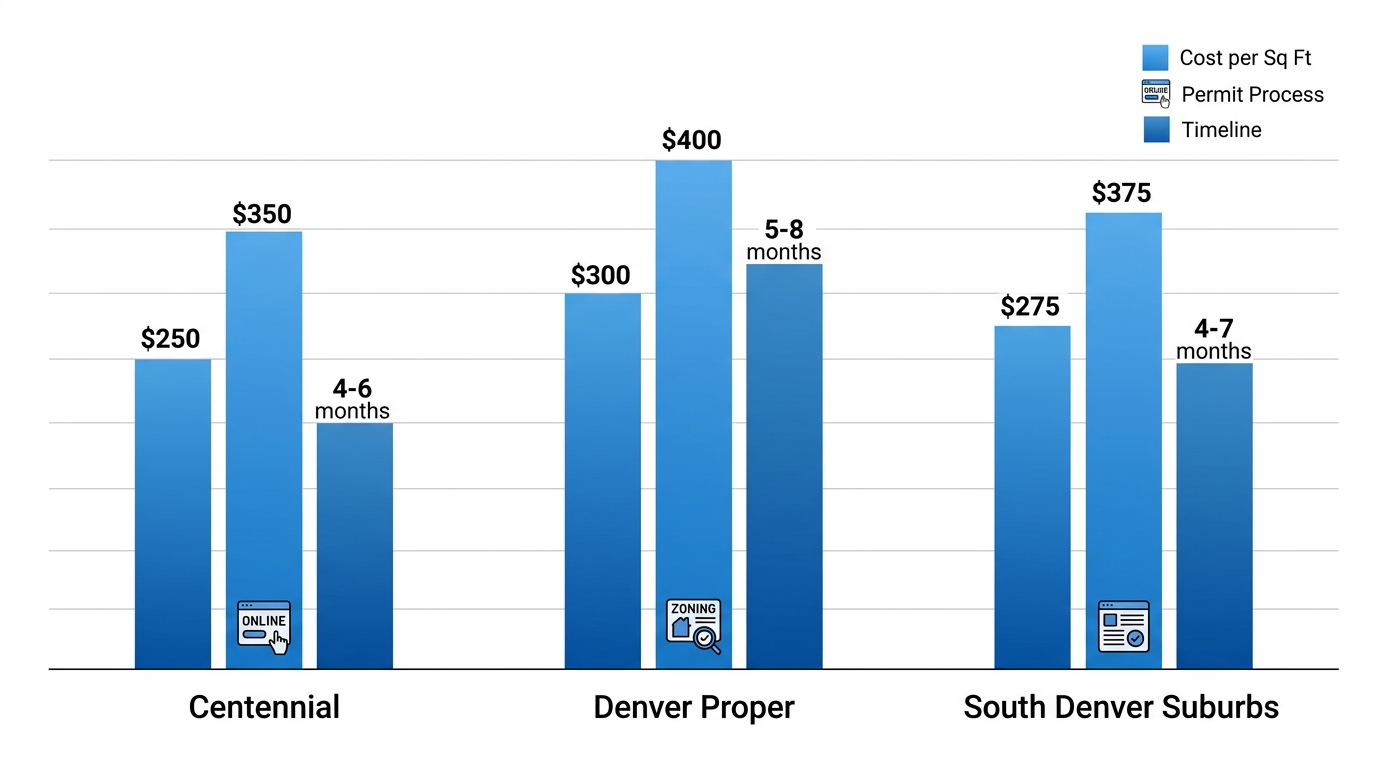 Bar chart comparing costs, permit processes, and timelines for guest suite additions in Denver metro neighborhoods