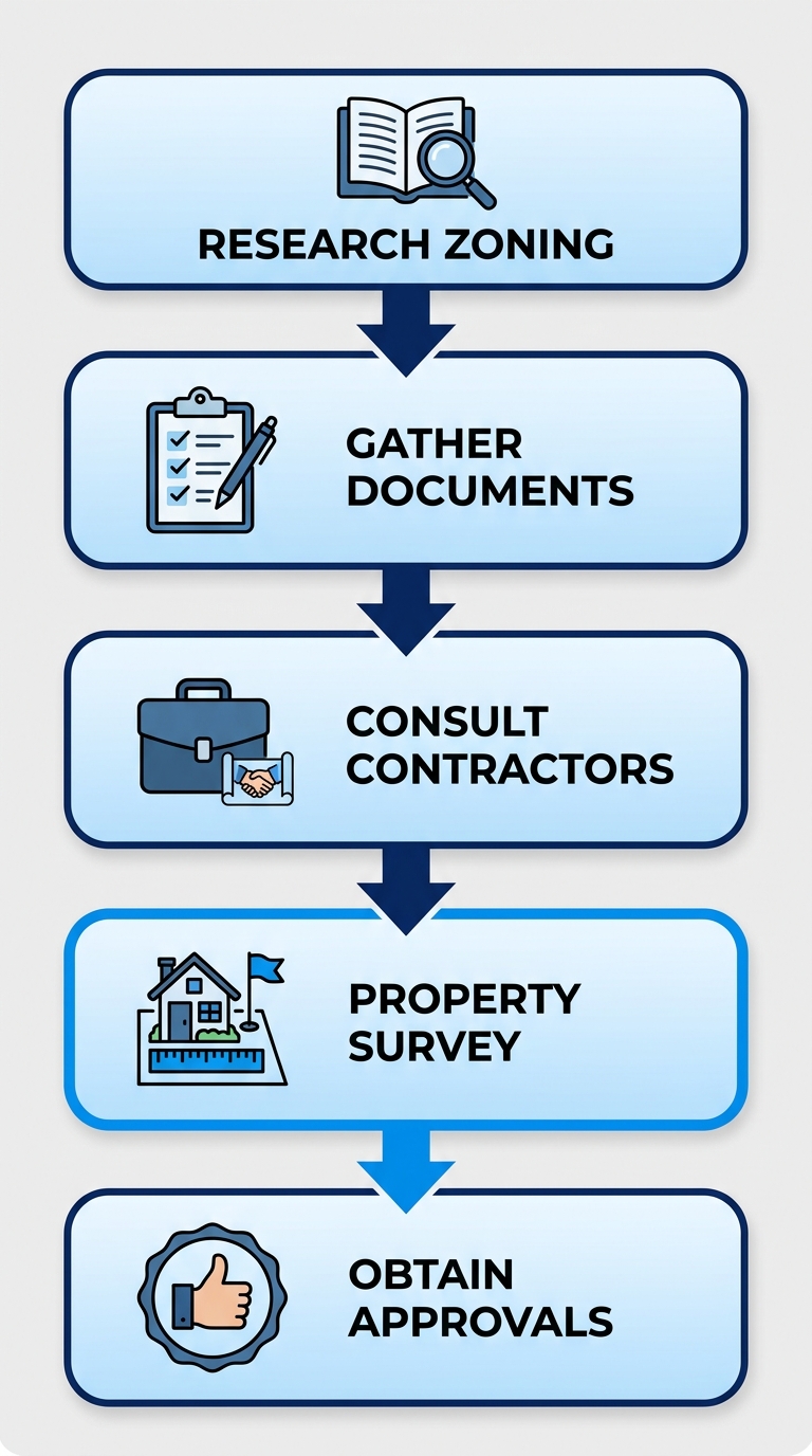 Vertical process flow diagram illustrating five key steps to start a Denver guest suite addition: research zoning, gather documents, consult contractors, property survey, and obtain approvals.