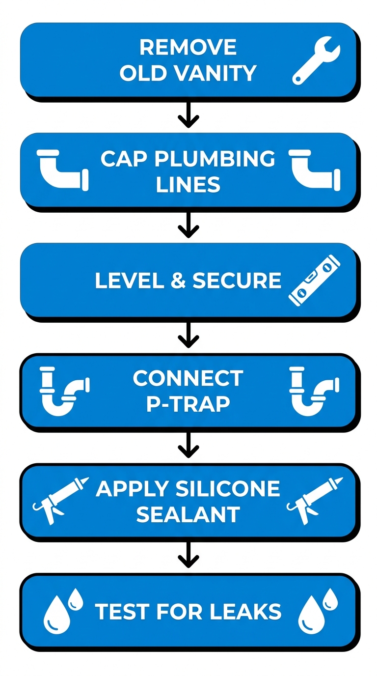 Vertical process flow diagram illustrating 6 steps for new bathroom vanity installation: remove old vanity, cap plumbing, level and secure, connect P-trap, apply sealant, test leaks.