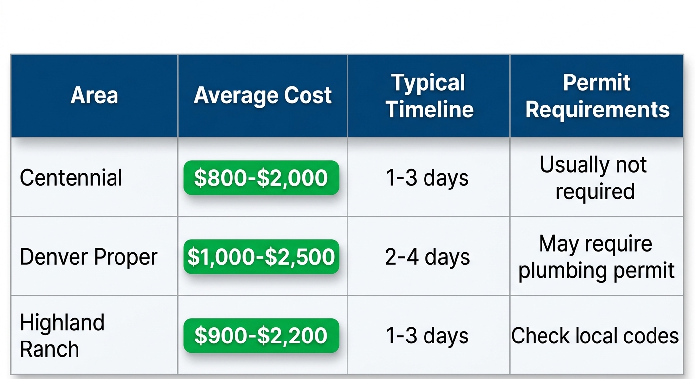 Comparison table of average costs, timelines, and permit requirements for bathroom vanity installation in Denver metro areas