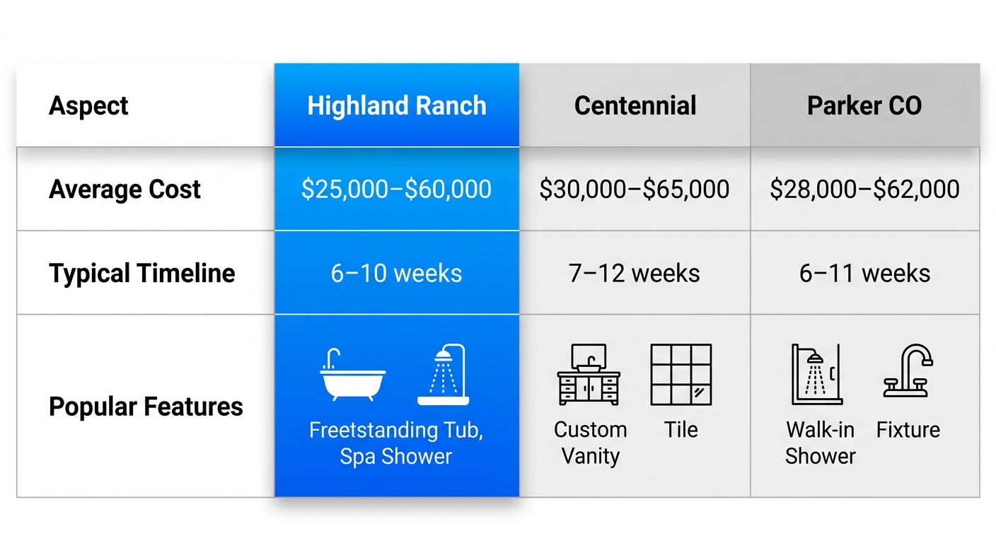 Comparison table of master bath remodel average costs, timelines, and popular features in Highland Ranch, Centennial, and Parker CO areas
