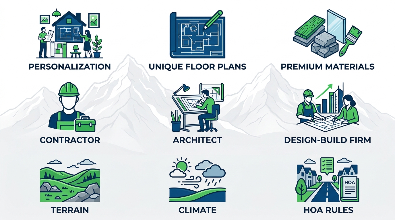 Infographic showing three sections on custom home building fundamentals: unique features, key players, and local considerations in Highland Ranch with icons in blue and green.