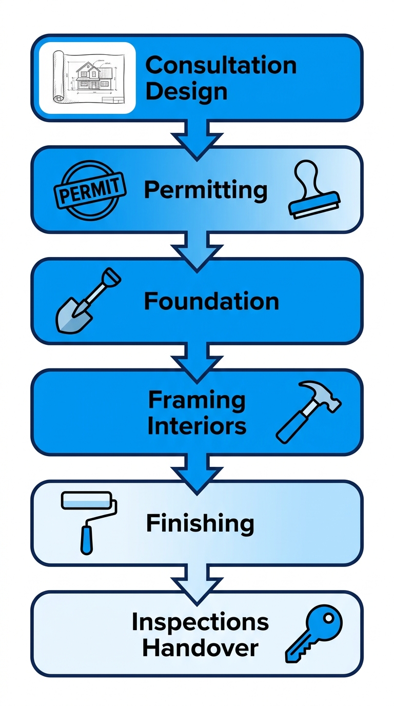 Vertical process flow diagram of six custom home construction stages in Highland Ranch: consultation design, permitting, foundation, framing interiors, finishing, inspections handover with icons.