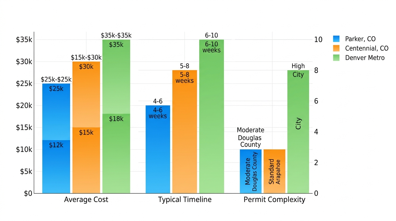 Horizontal grouped bar chart comparing average cost, timeline, and permit complexity of bathroom renovations in Parker CO, Centennial CO, and Denver Metro areas