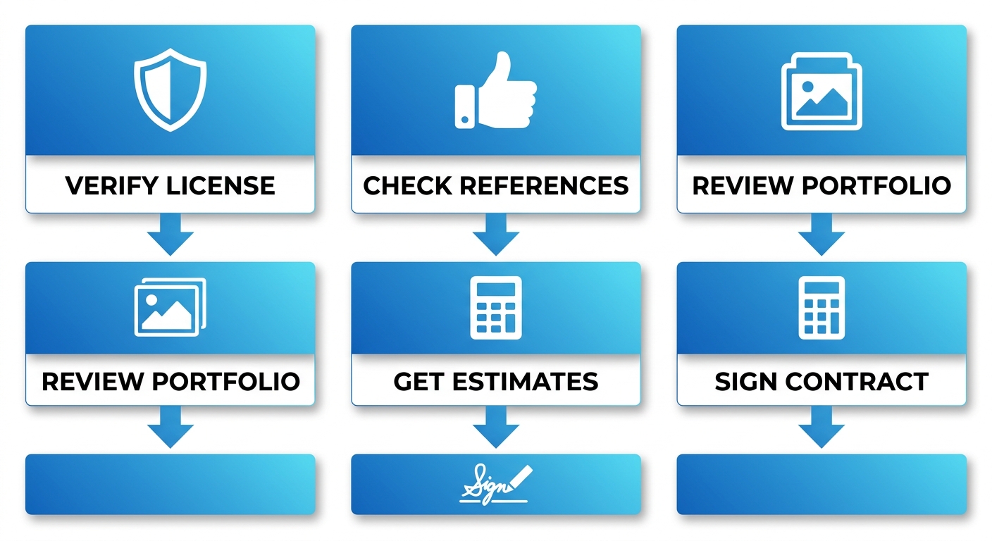 Vertical process flow diagram showing 5 NARI steps for vetting bathroom remodelers: verify license, check references, review portfolio, get estimates, sign contract with icons.