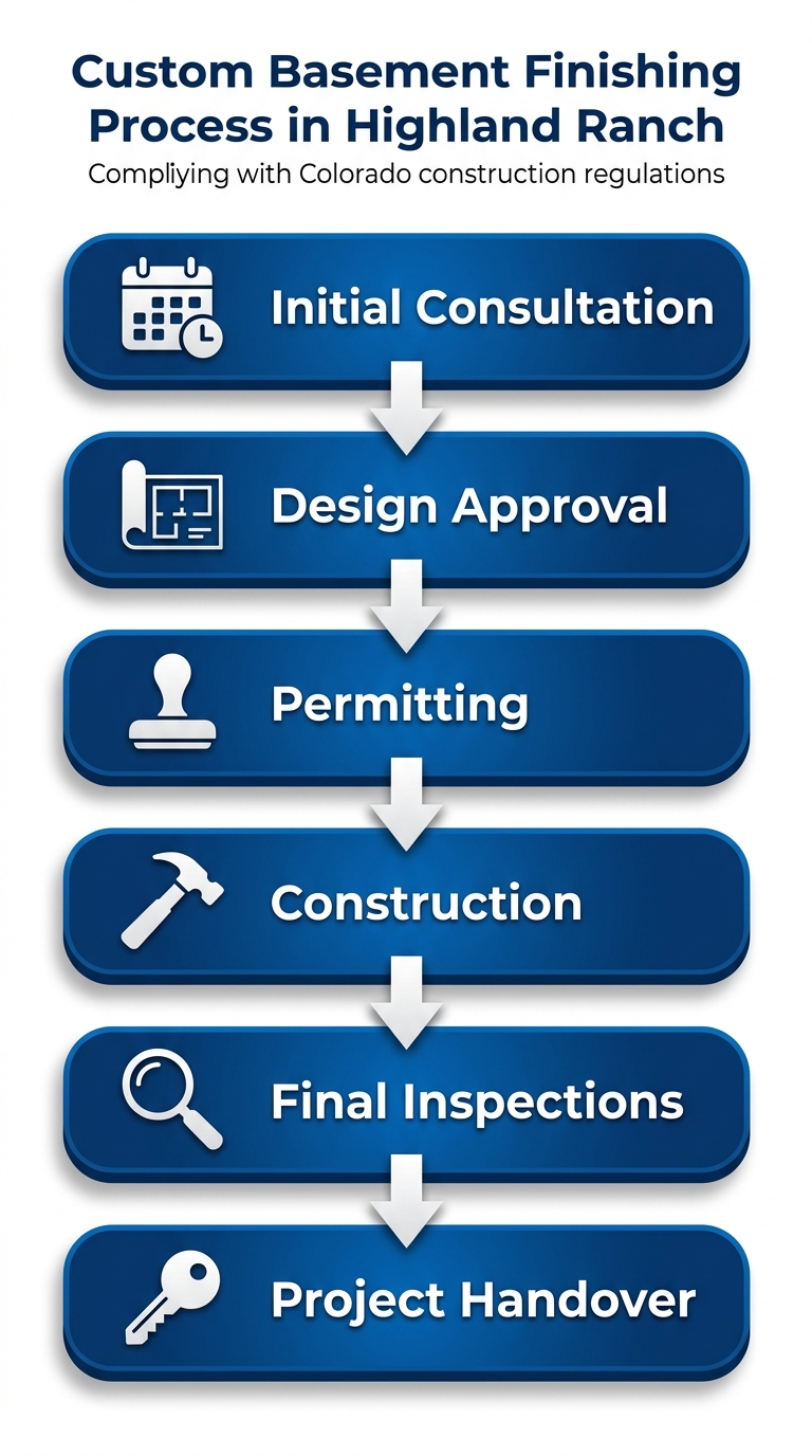 Vertical process flow diagram illustrating the six stages of custom basement finishing in Highland Ranch, from consultation to handover.
