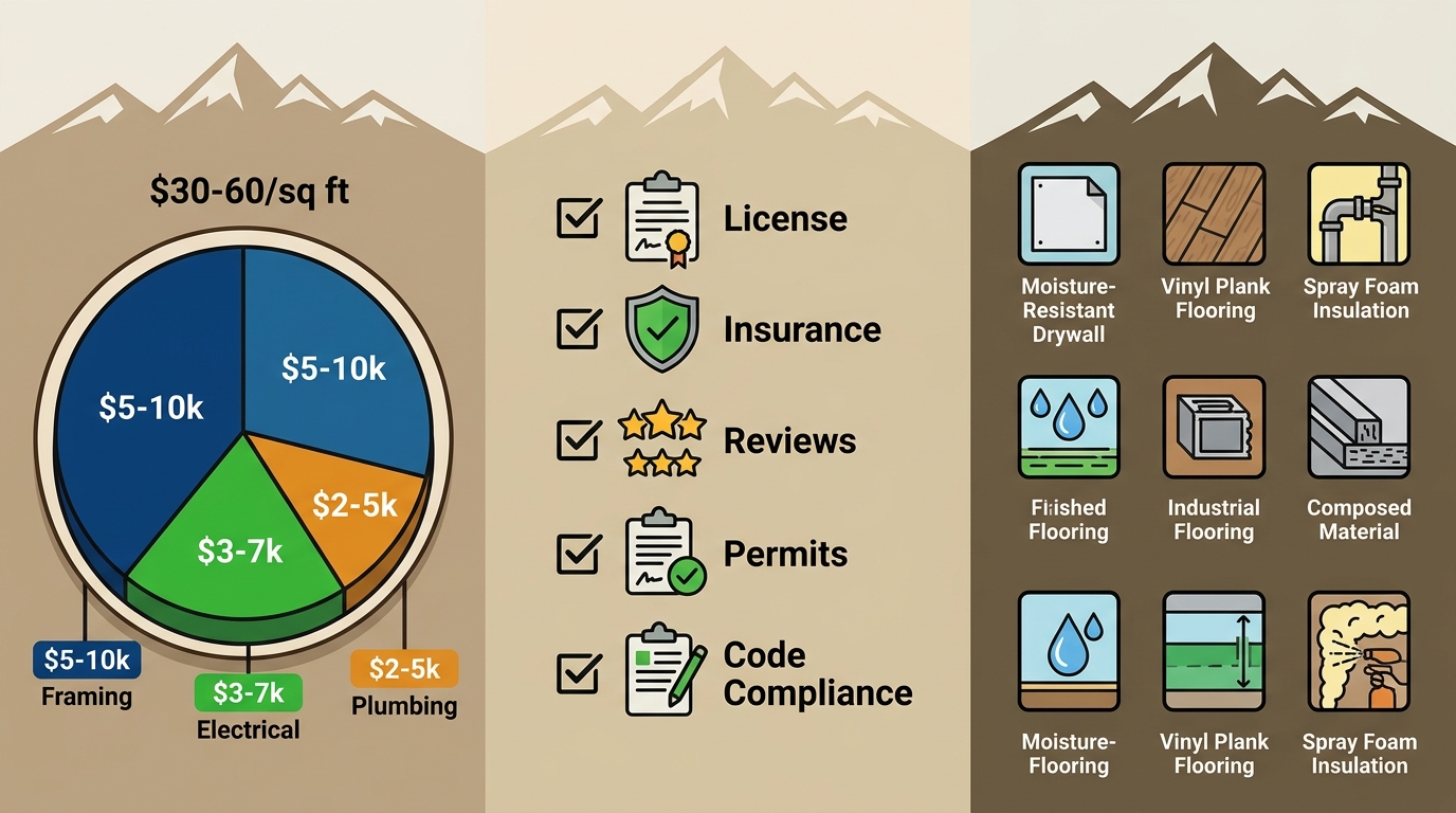 Infographic of custom basement best practices: cost pie chart, contractor checklist, material icons for Highland Ranch projects