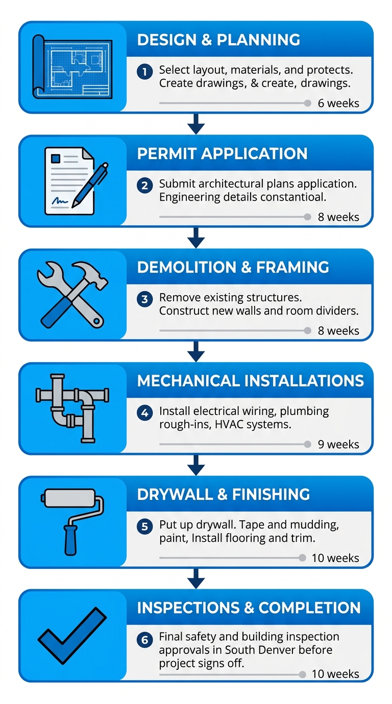 Vertical process flow diagram of six basement remodeling stages: design planning, permit application, demolition framing, mechanical installations, drywall finishing, inspections completion with icons and timeline.