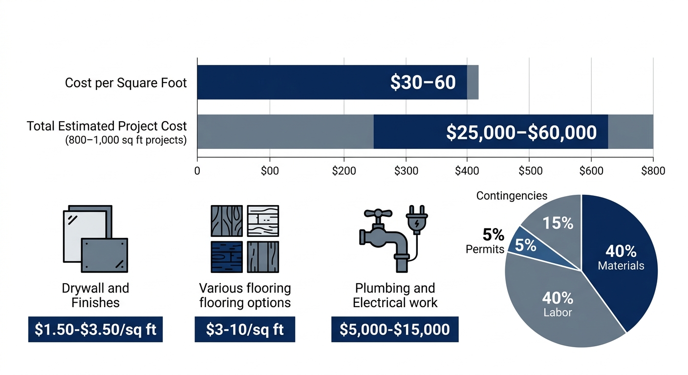 Infographic showing basement remodeling costs per square foot, project totals, material breakdowns, and budget pie chart for South Denver area projects including permits.