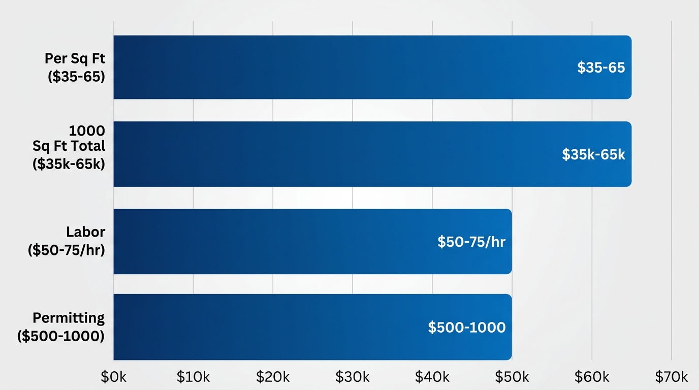 Horizontal bar chart of average basement finishing costs in Denver: per sq ft $35-65, 1000 sq ft $35k-65k, labor $50-75/hr, permitting $500-1000