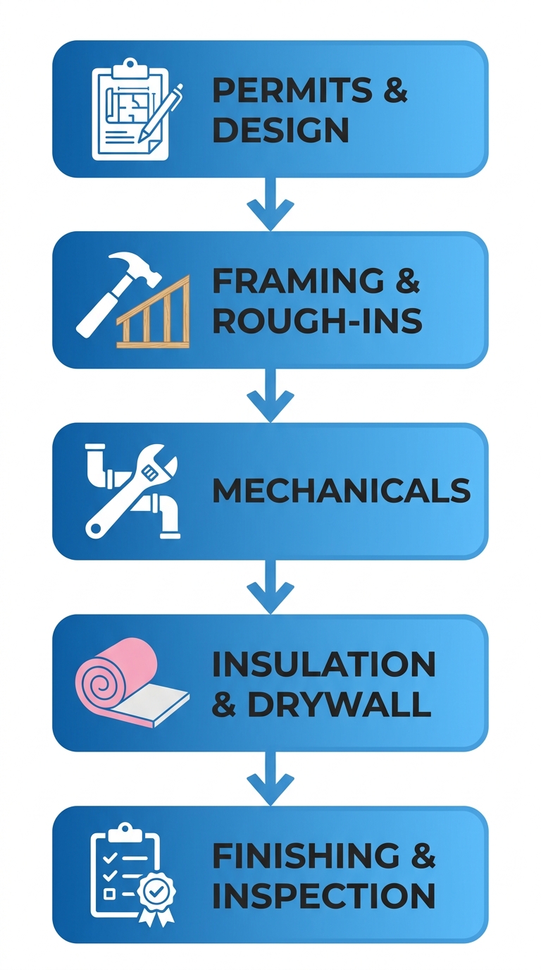 Vertical process flow diagram of 5 basement finishing stages in Denver, from permits to inspection