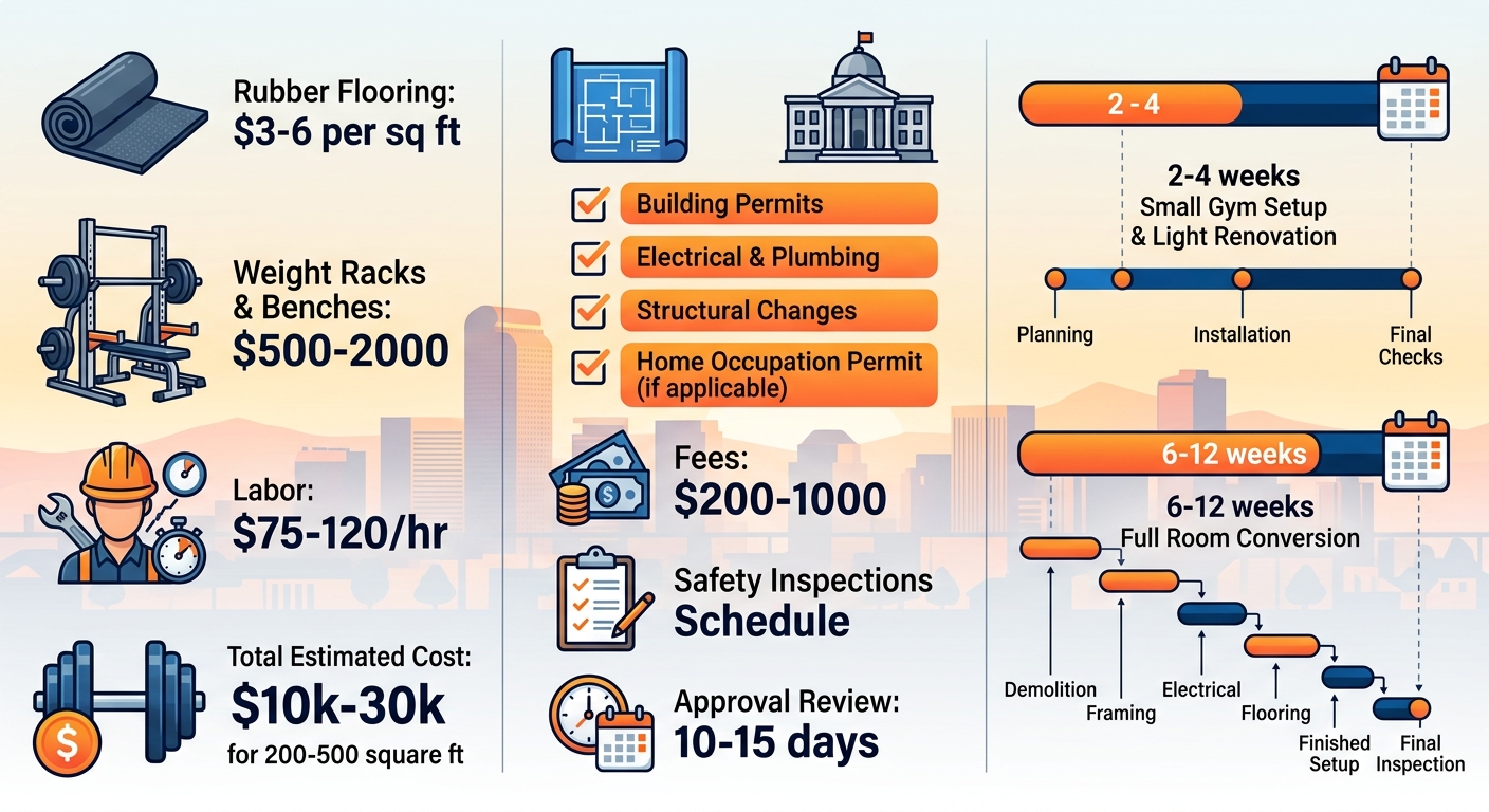 Infographic dividing home gym construction in Denver into costs, permits, and timelines with icons, checklists, and bars