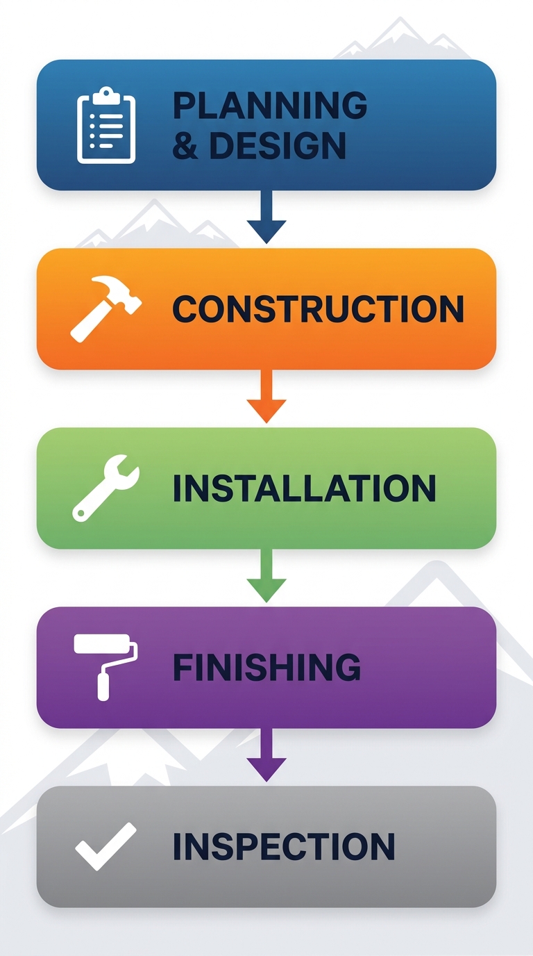 Vertical process flow diagram of home gym construction stages in Denver: Planning & Design with clipboard, Construction with hammer, Installation with wrench, Finishing with paint roller, Inspection with checkmark, Colorado mountain background accents.