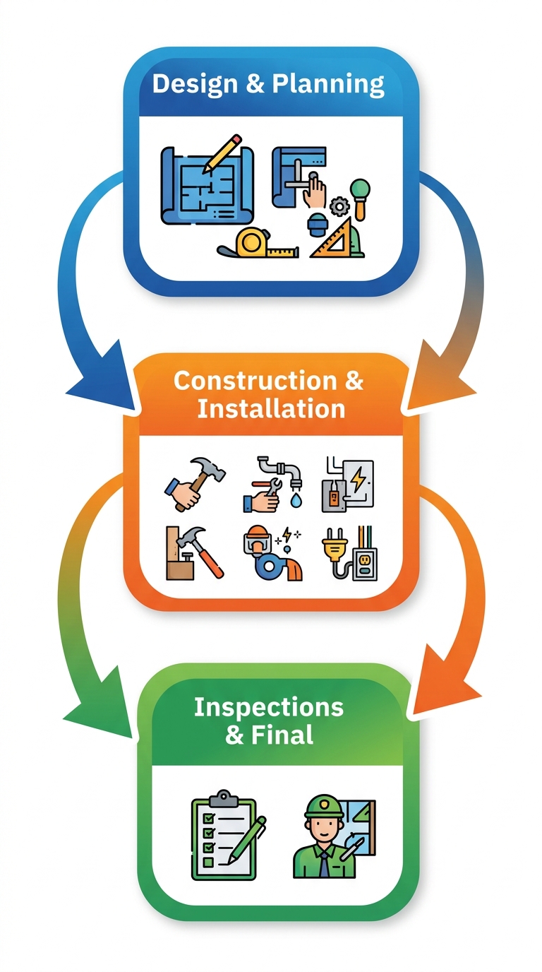 Vertical process flow diagram of kitchen remodeling phases in Denver: design and planning, construction and installation, inspections and final touches