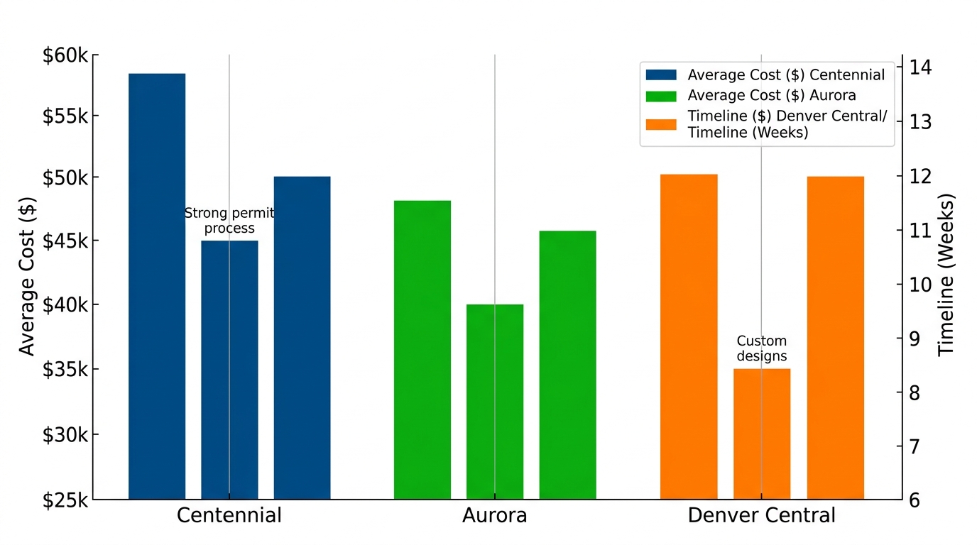 Horizontal bar chart comparing kitchen remodel costs, timelines, and factors in Centennial, Aurora, and Denver Central neighborhoods