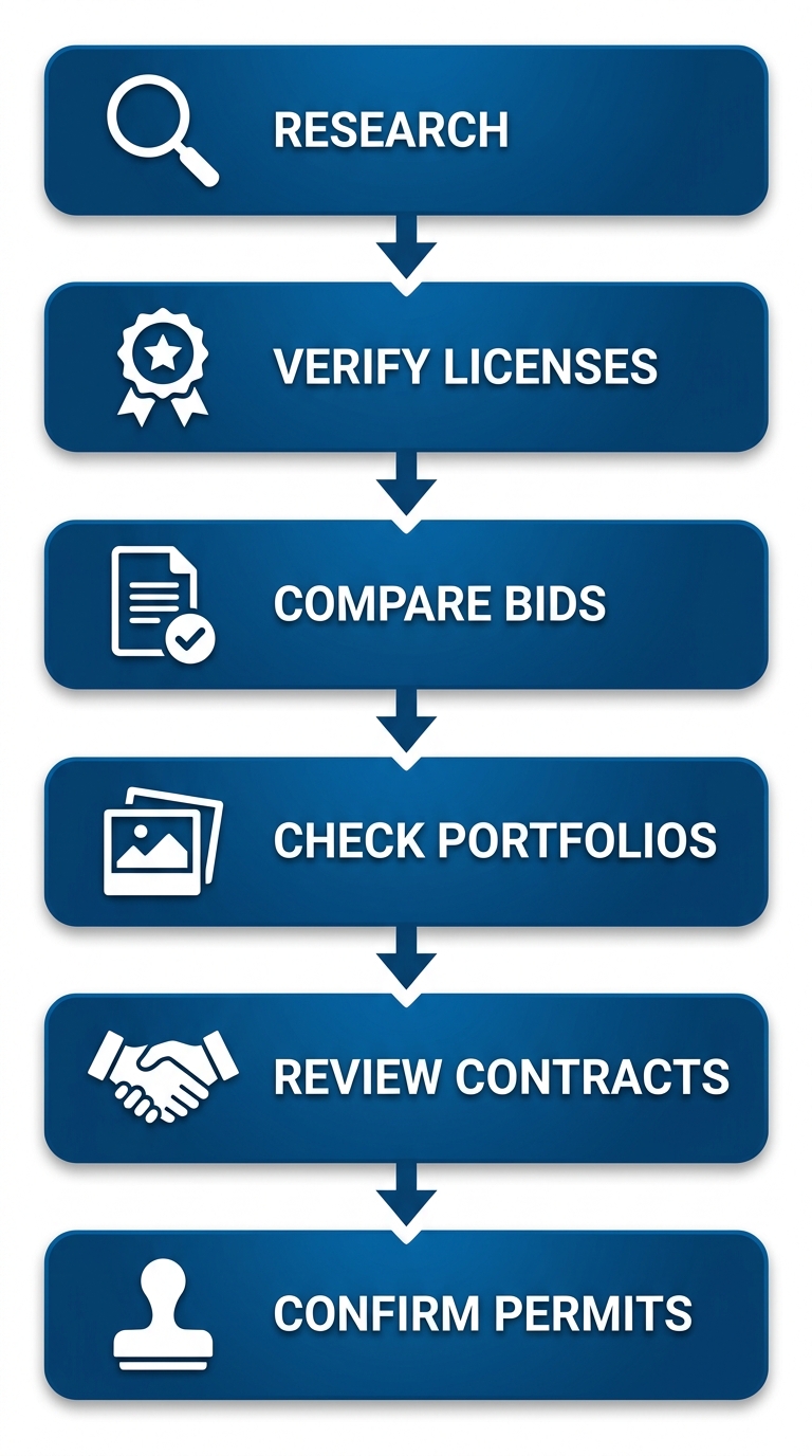 Vertical process flow diagram with 6 steps for hiring a Denver kitchen contractor: Research, Verify Licenses, Compare Bids, Check Portfolios, Review Contracts, Confirm Permits.