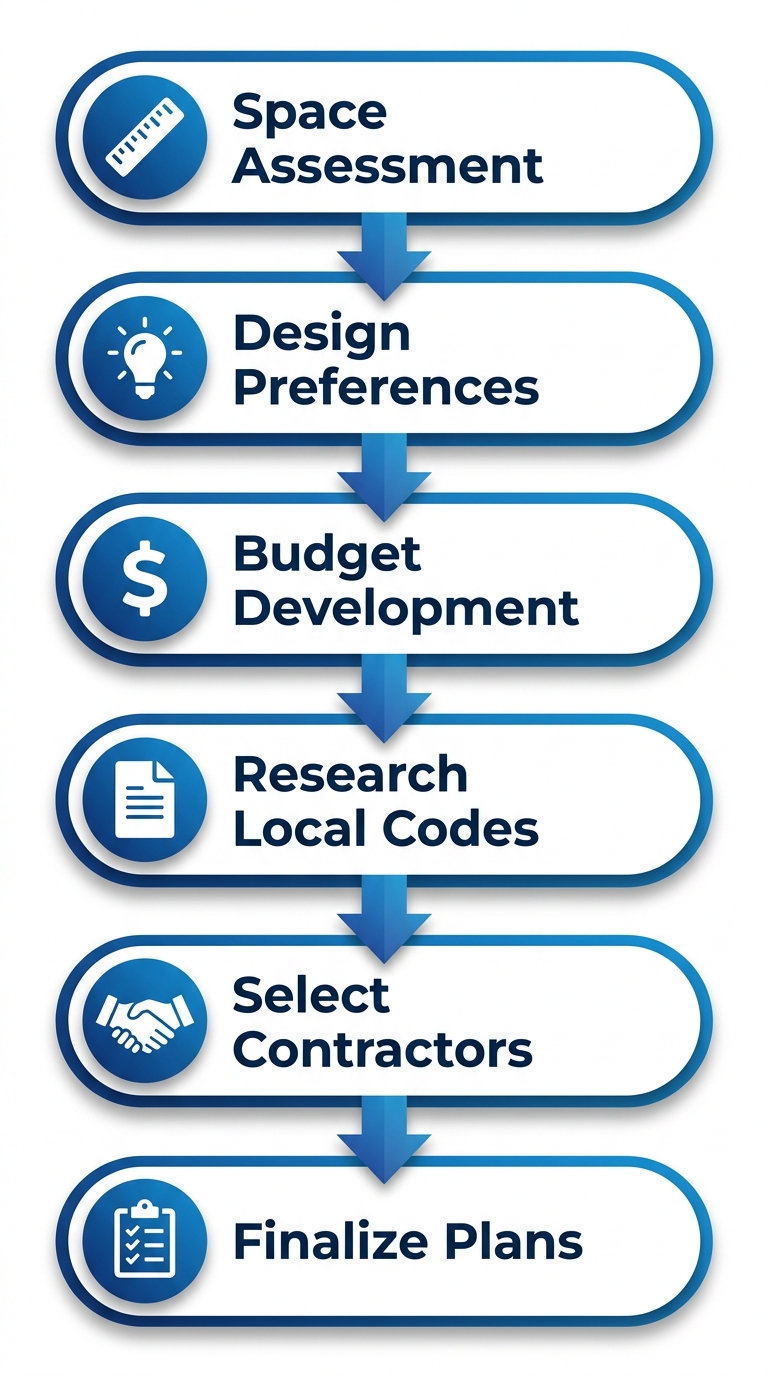 Vertical process flow diagram of 6 steps for planning a custom steam shower remodel: space assessment, design preferences, budget development, research local codes, select contractors, finalize plans.