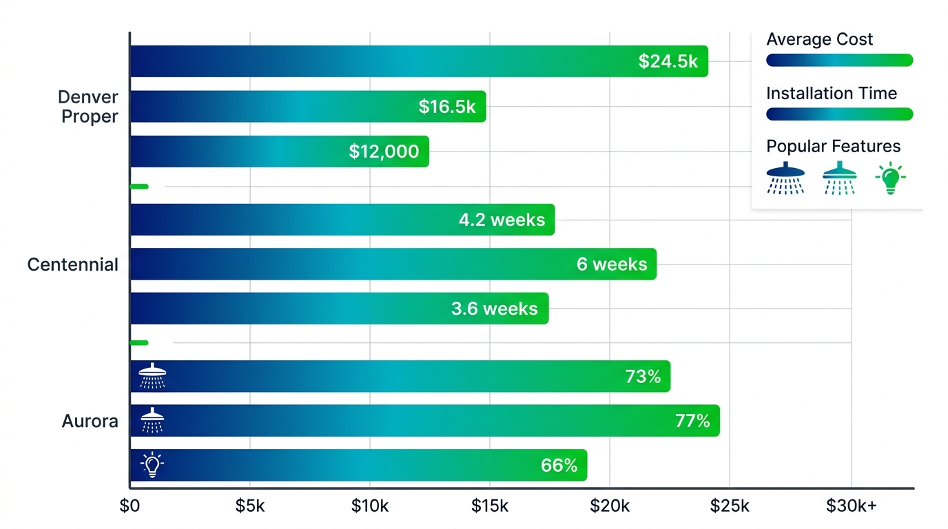 Horizontal bar chart comparing custom steam shower costs, install times, and features across Denver Proper, Centennial, and Aurora.