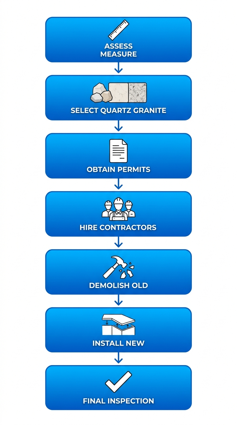 Vertical process flow diagram showing 7 steps to upgrade kitchen counters in Aurora, CO with icons and minimal labels