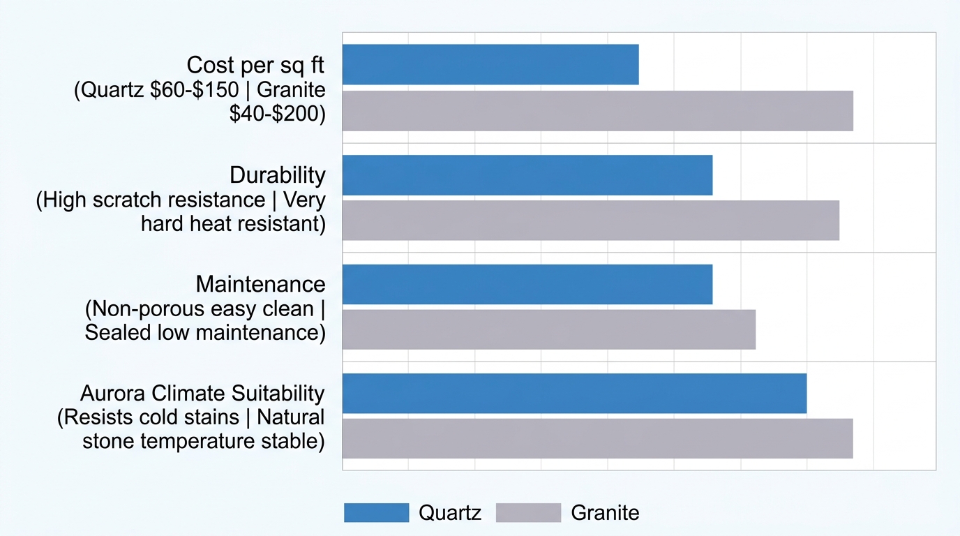 Horizontal bar chart comparing Quartz and Granite countertops on cost, durability, maintenance, and Aurora climate suitability