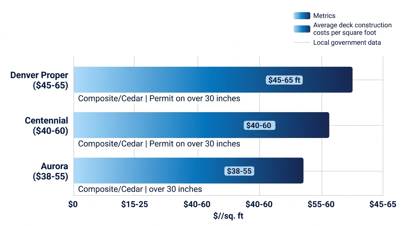 Horizontal bar chart comparing average deck costs per square foot in Denver Proper, Centennial, and Aurora areas with materials and permit notes