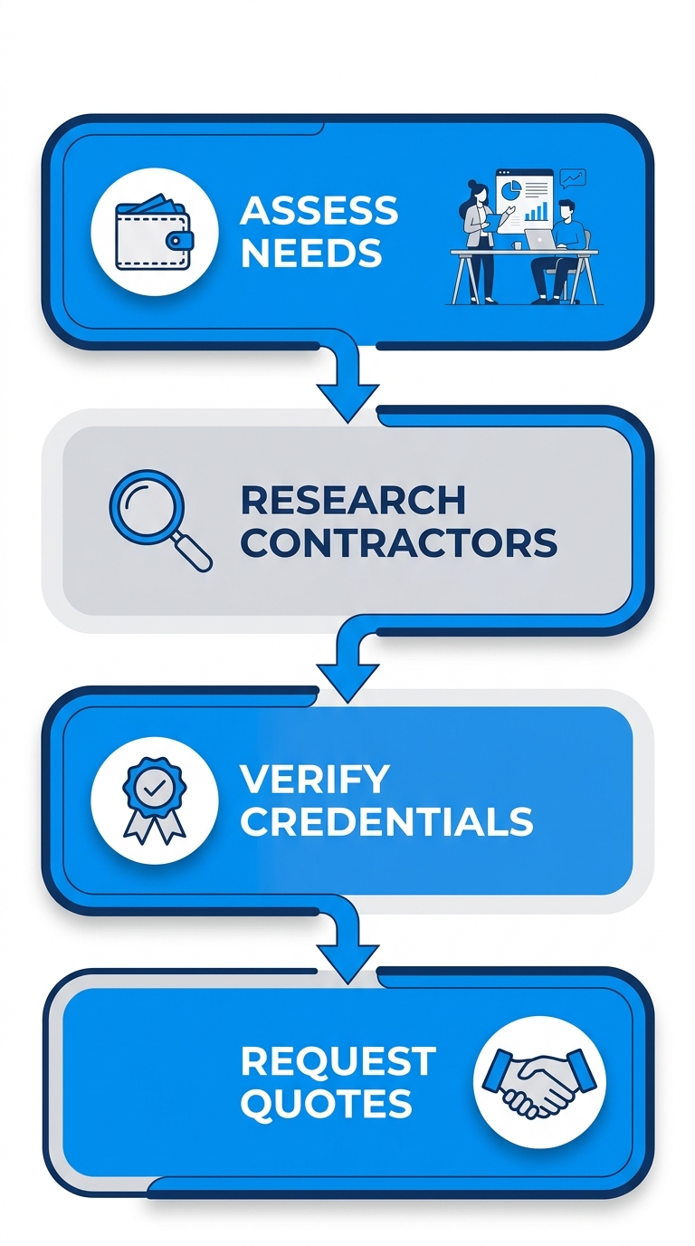 Vertical process flow illustrating four steps to start a Denver deck project: assess needs and budget, research contractors, verify credentials, request quotes with relevant icons.