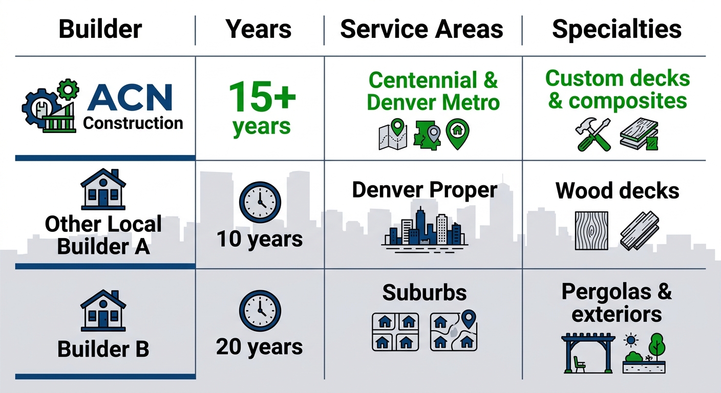 Infographic table comparing top Denver deck builders by years in business service areas and specialties