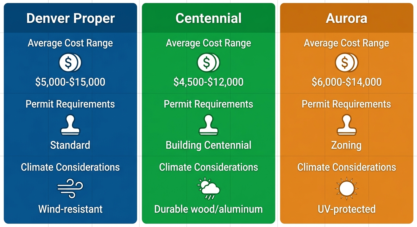 Comparison infographic of pergola construction costs, permits, and climate factors in Denver Proper, Centennial, and Aurora.