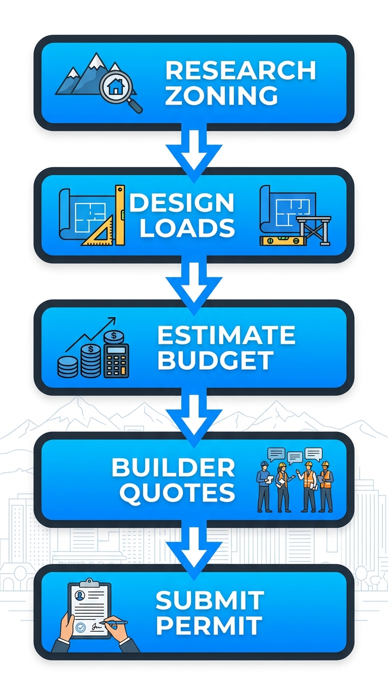 Vertical process flow diagram of 5 steps to start a pergola project in Denver: research zoning, design loads, estimate budget, get quotes, submit permit.