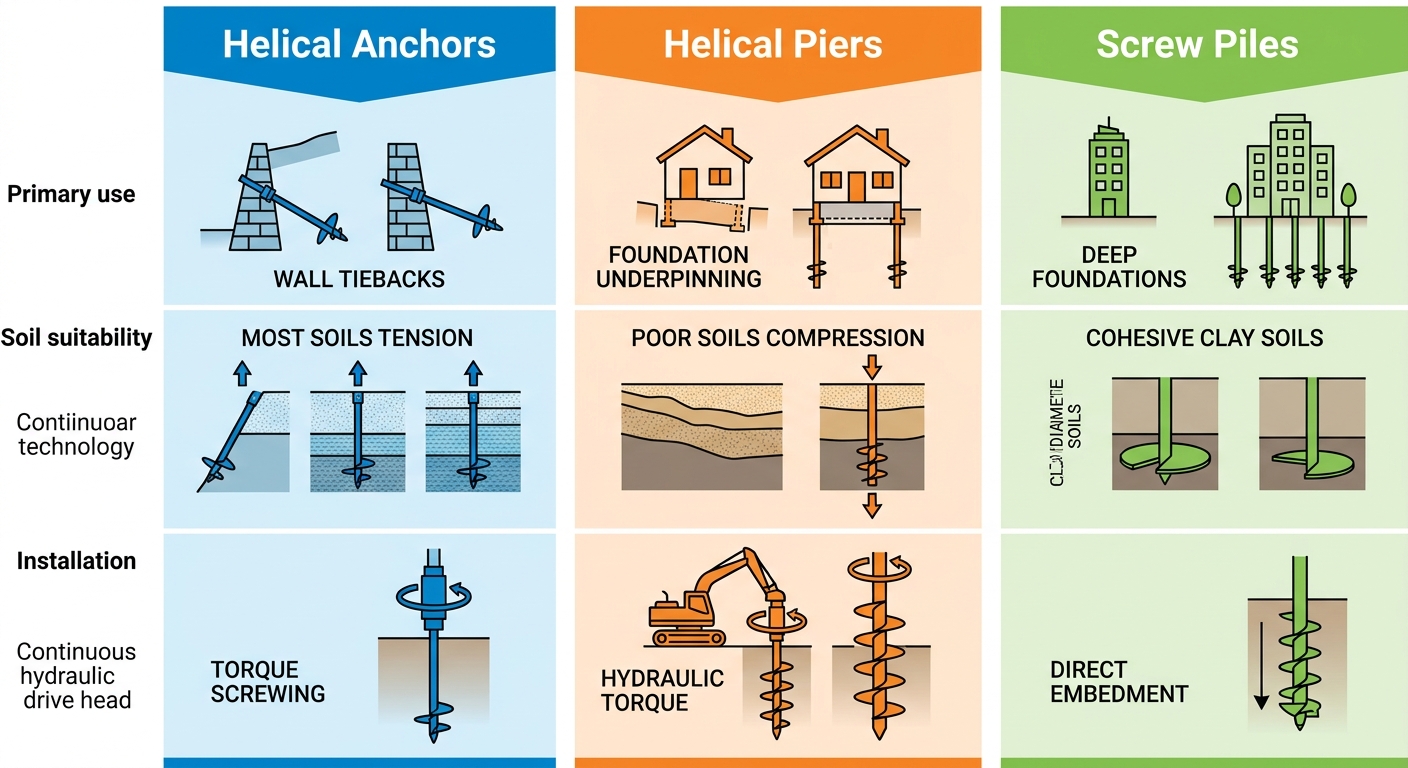Infographic comparing Helical Anchors in blue, Helical Piers in orange, and Screw Piles in green across use, soil, and installation.
