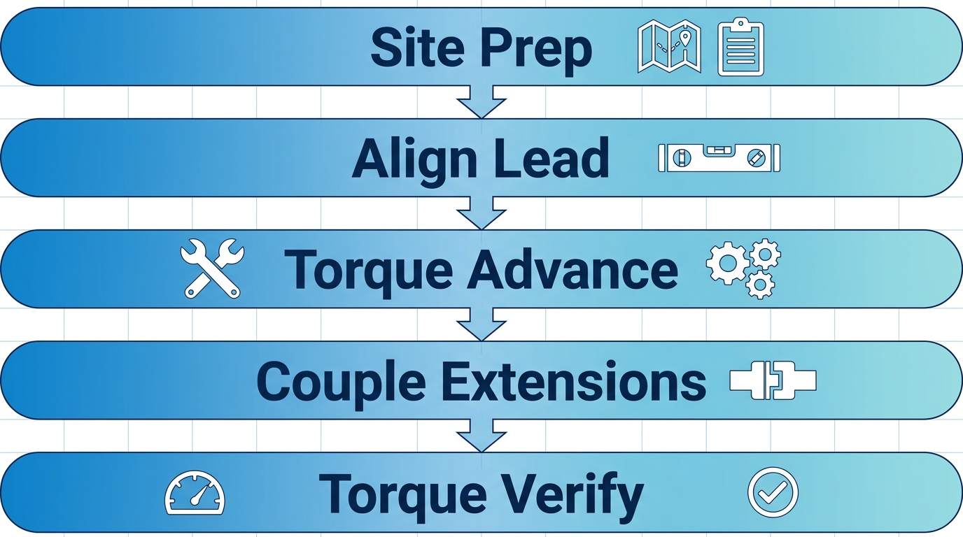 Vertical process flow diagram illustrating 5-step installation of ground screw piles with icons and minimal labels