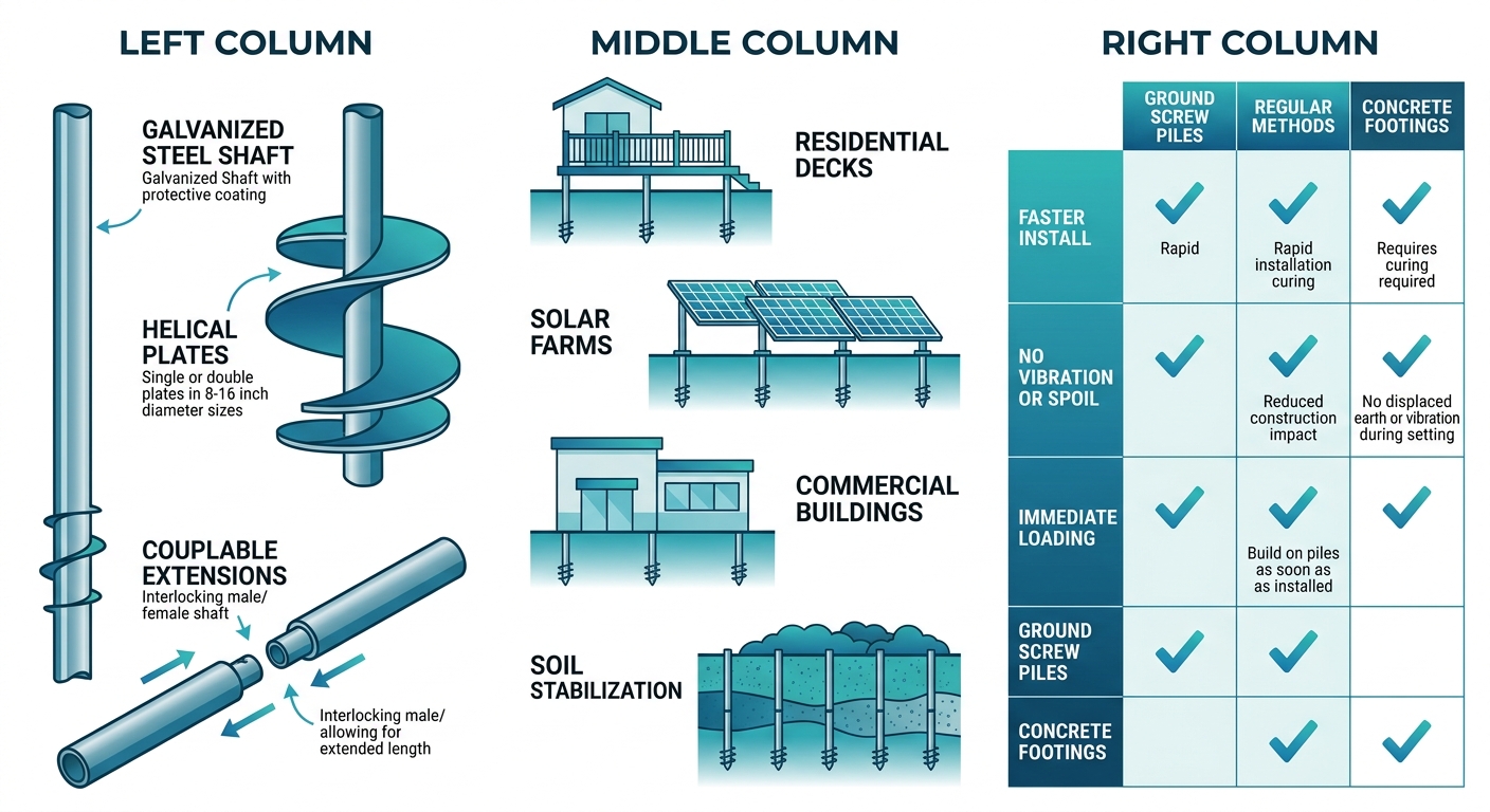 Three-column infographic showing ground screw piles components, applications, and advantages over traditional foundations