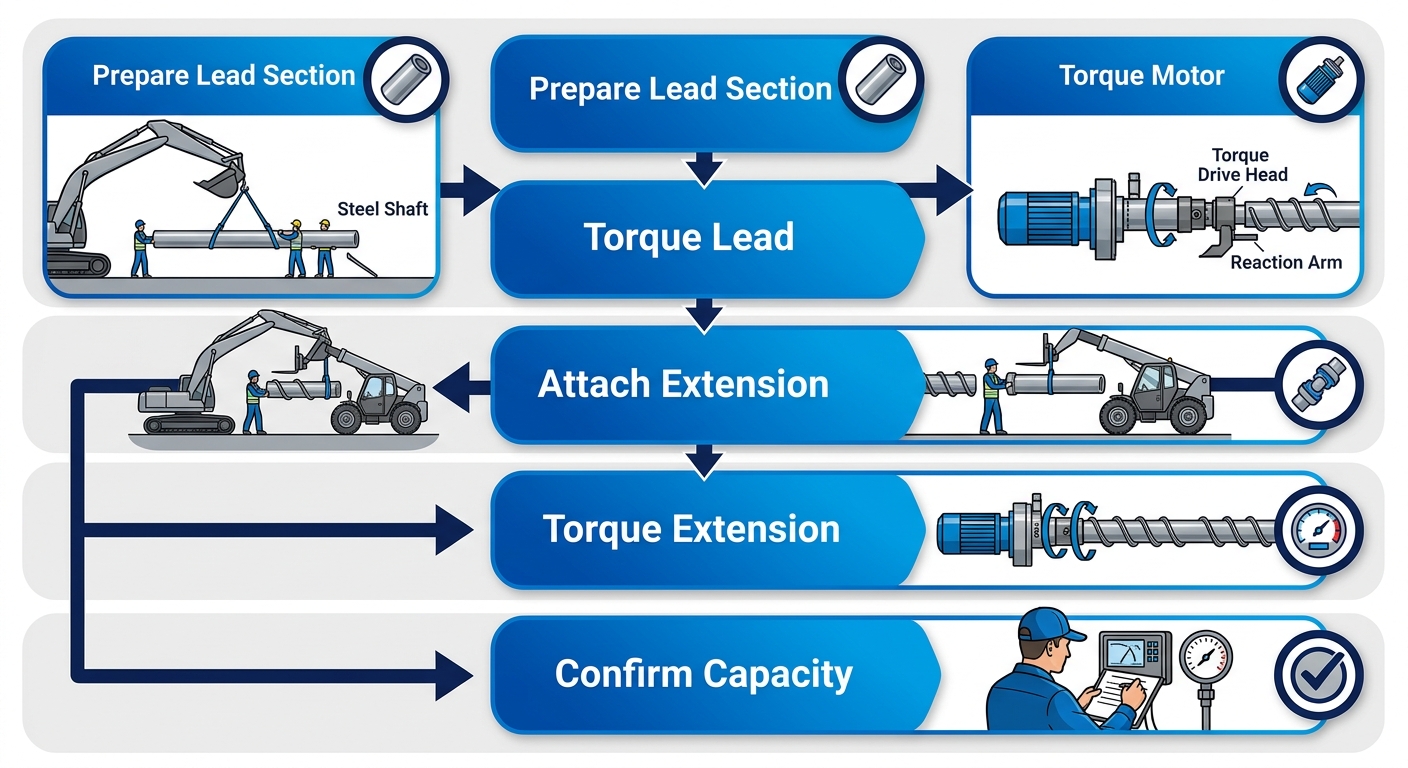 Vertical process flow diagram illustrating five steps for helical pipe lead sections and extensions installation: prepare lead, torque lead, attach extension, torque extension, confirm capacity.